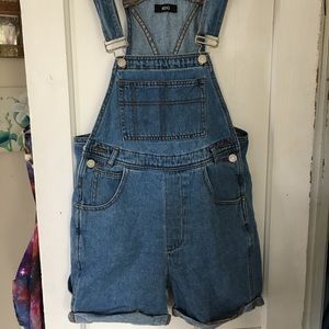 UO short denim overalls